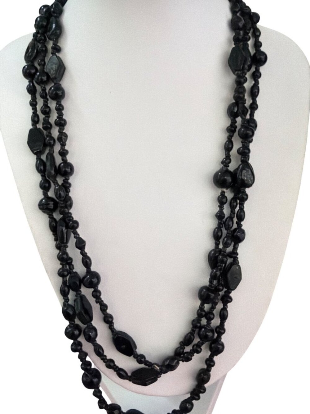 Vintage Long Black Glass Bead Necklace Mourning Jewelry No Clasp 60" Long Estate